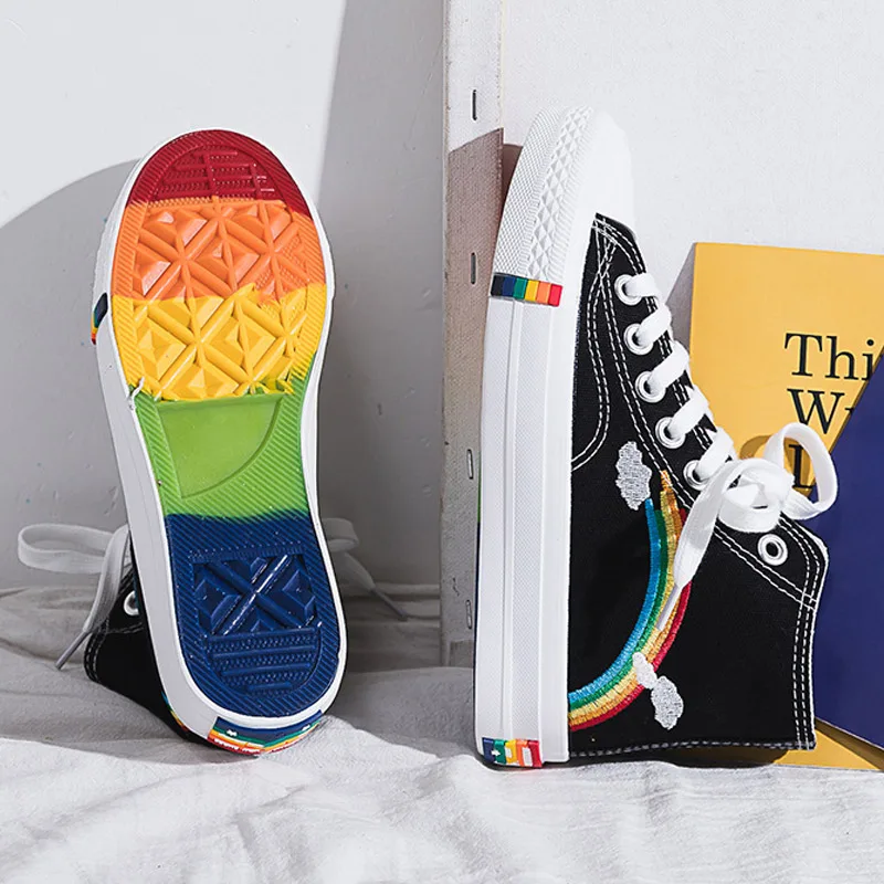 

2020 Women Sneakers New Retro Rainbow Canvas Shoe Women Fashion Vulcanized Shoes Ladies Flat Casual Comfort High Top Footwear