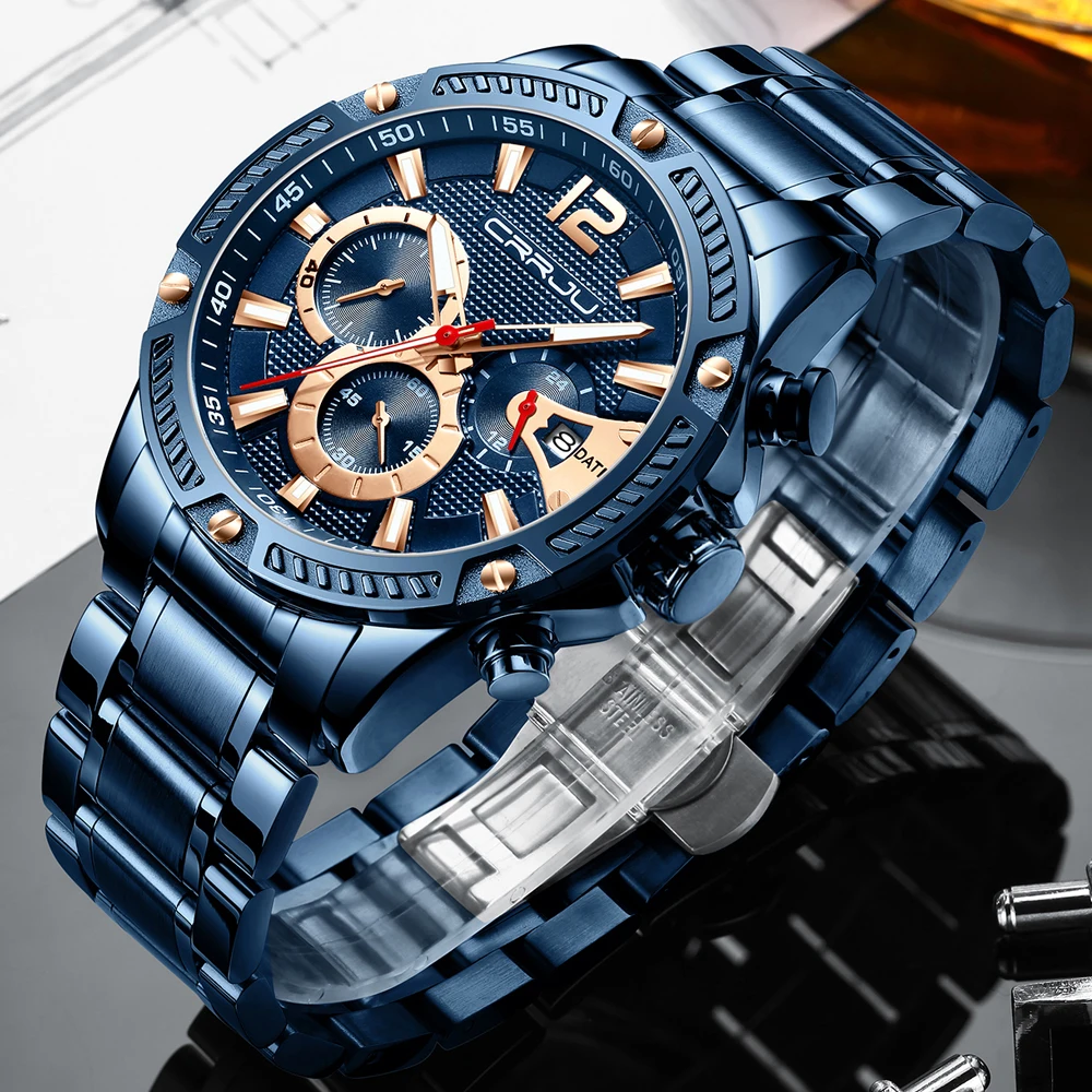 

Men Watches CRRJU Top Brand Luxury Stainless Steel Waterproof Quartz Watch Men Fashion Chronograph Male Sport Military Watch