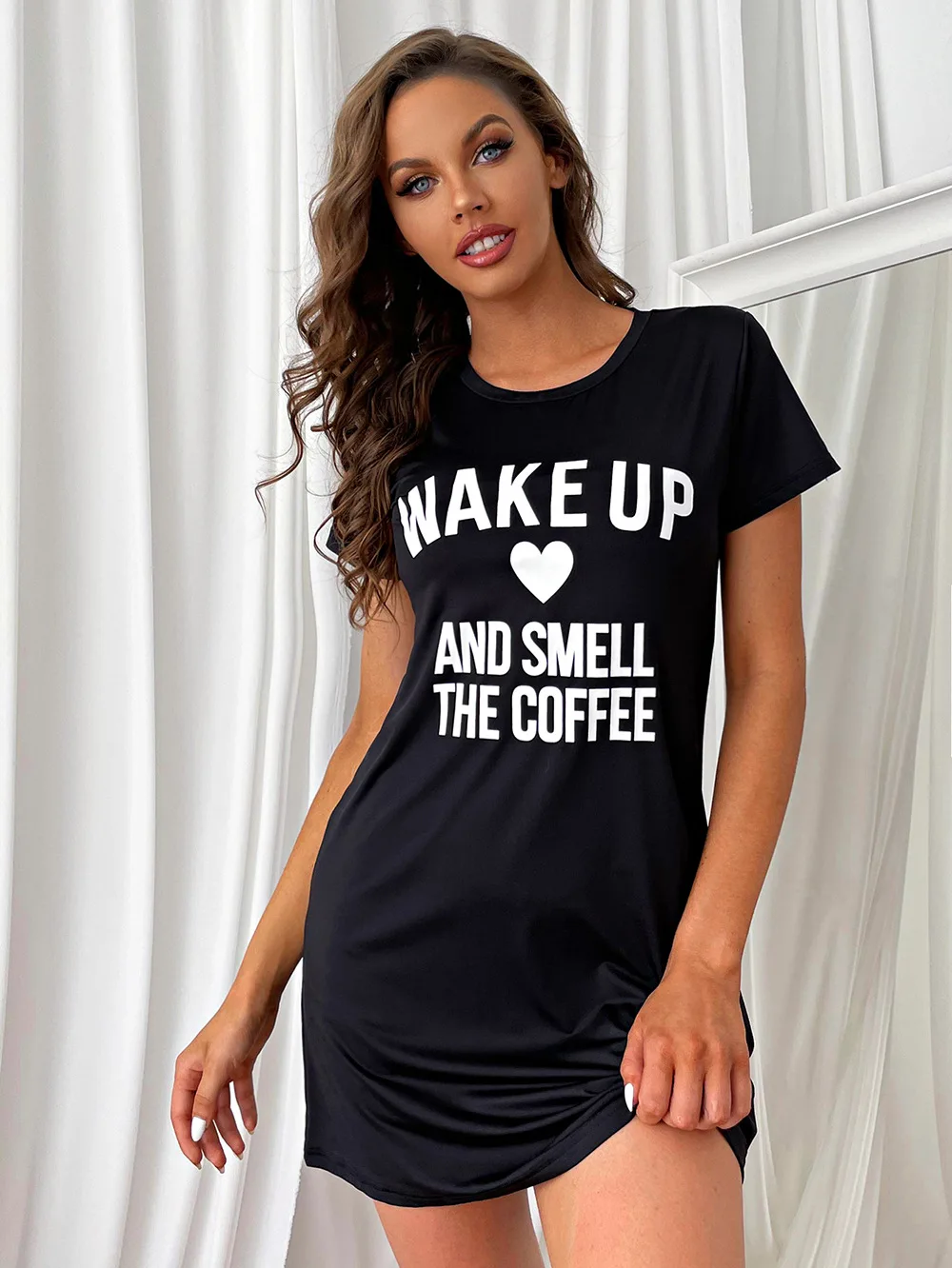 

Sexy sleepwear women Summer Thin Sleep Dress Mini Short Sleeve Loose Nightdress Black Letter Print Casual Sleepshirts