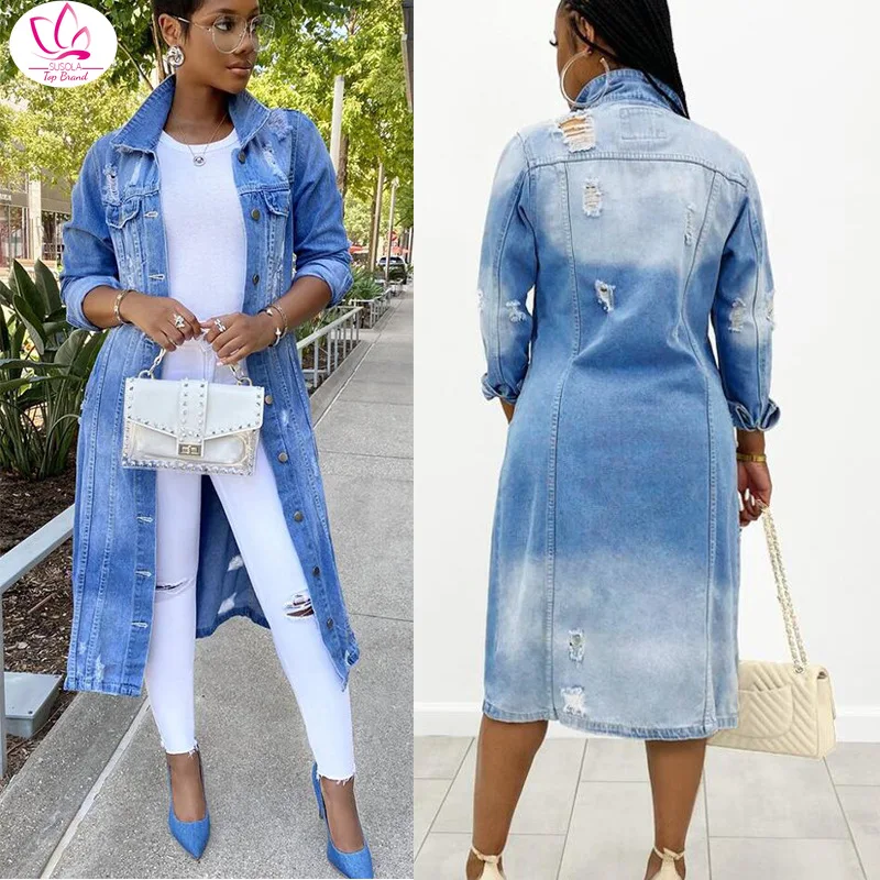 

Autumn Women Sexy Ripped Denim Jackets 2021 Vintage Casual Long Jean Jacket Winter Female Long Sleeve Coat Streetwear Plus Size