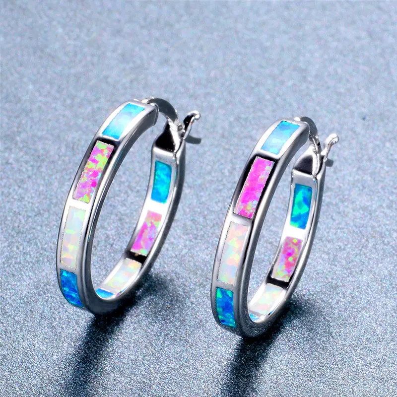 Buy New Luxury Rainbow Fire Opal Hoop Earrings For Women Silver Color Blue/White/Green Birthstone on