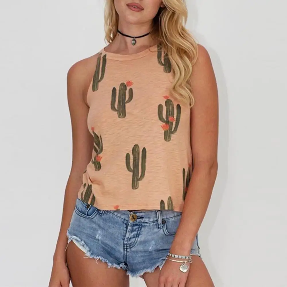 

2021 Short Tanks Tops Summer Casual Women Cartoon Cactus Print Sleeveless Round Neck Vest Crop Top For Club
