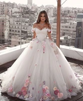 romantic colorful 3d flower wedding dresses lace beaded puffy bridal dress off the shoulder ball gown robe de mariee
