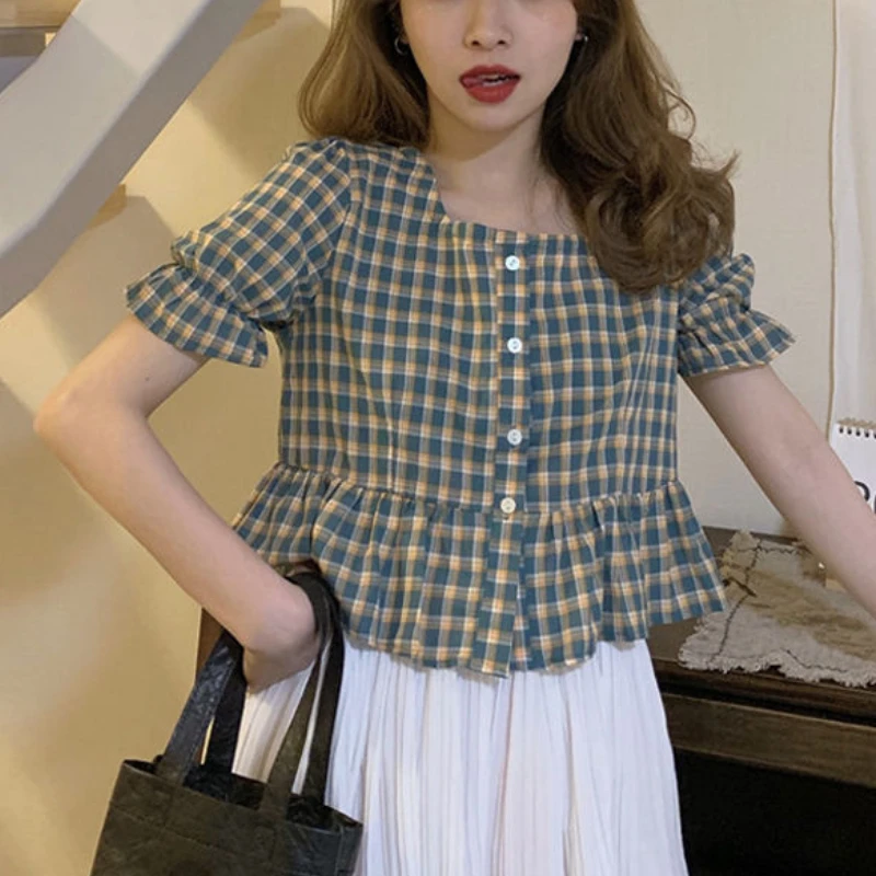 

Summer Chiffon Plaid Blouse Women Korean Slim Designer Sweet Cute Causal Shirt Female Sexy Party Elegant Beach Kawaii Tops 2021