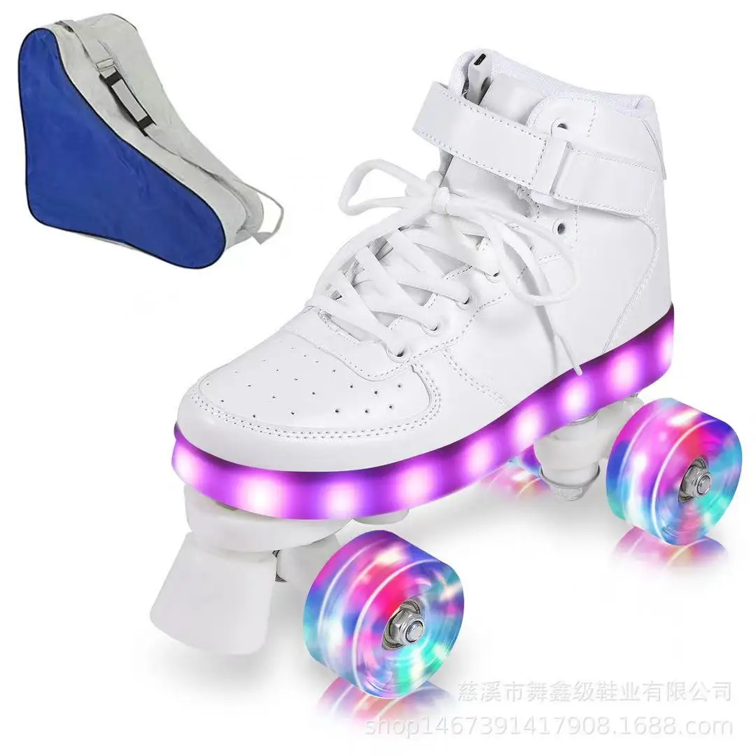 2021 New Style Led Rechargeable White Luminous Double Row 4 Wheel Roller Skates Patines Outdoor Men Women Shoes
