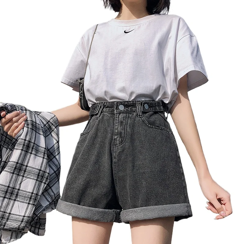 

2021 New Summer Women High Waist Button Wigh Leg Jeans Shorts Casual Female Loose Fit Blue Denim Shorts