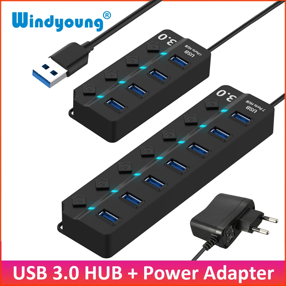 Фото USB 3,0 Hub 4 / 7 порт Супер Скоростной USB 3 концентратор данных с индивидуальными выключателями питания и EU/US/UK адаптер питания для MacBook ноутбука ПК №1