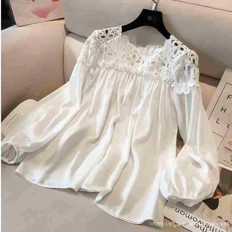 

Autumn Korean version 2021 plus size long-sleeved lace bottoming shirt Western chiffon slimming t-shirt women's top