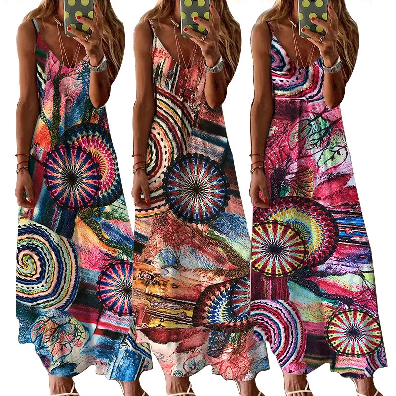 

WEPBEL Bohemian Dress Women's Casual Sleeveless Dress Summer Fashion Printed Loose V-neck Backless Spaghetti Strap Dress