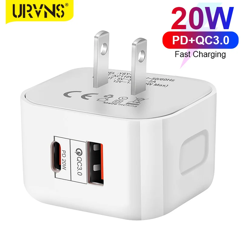 

URVNS Dual Ports 20W USB C Power Adapter QC3.0 Quick Charge 3.0 Type-C PD Travel Charger for iPhone 12 11 Pro XS Samsung Xiaomi