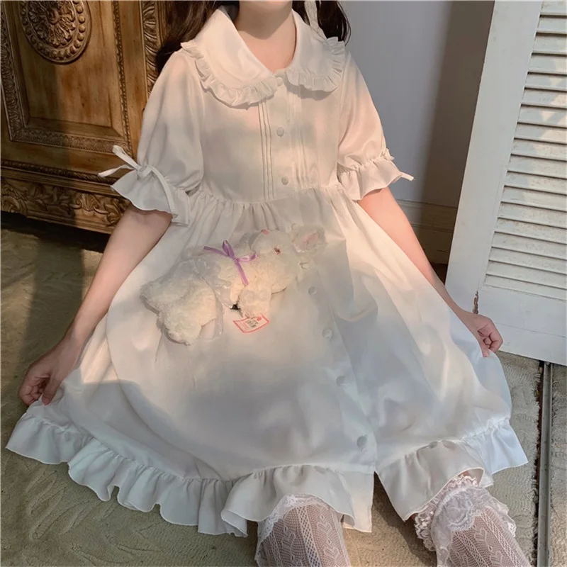 

Japanese Sweet Girl Lolita Drees Kawaii Peter Pan Collar Cute Ruffle Puff Sleeve Drees Solid Color Elegant Retro Lady Drees