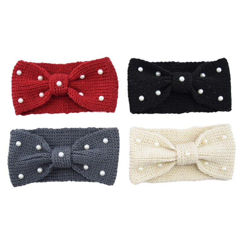 

Women Bow Pearl Crochet Knit Headband Sweet Wide Winter Warmer Ear Hair Bands Soft Solid Head wrap Hair Accessories High Quality