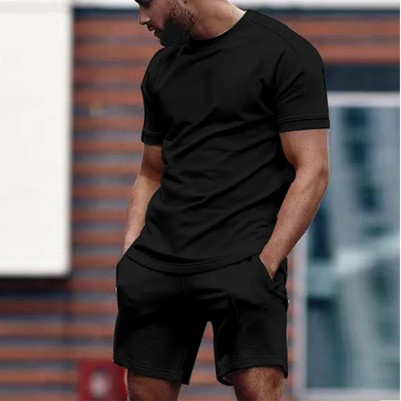 

Casual O-Neck Tops And Drawstring Shorts Outfits 2021 Summer Fashion Suits Tracksuit Sports Men Solid Two Piece Sets Streetwear