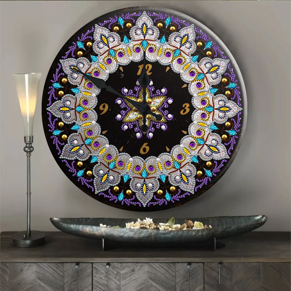5D DIY Iron Sheet Diamond Painting Mandala Diamond Embroidery Kits Round Tin Clock DIY Rhinestone Art Crafts Home Decoration