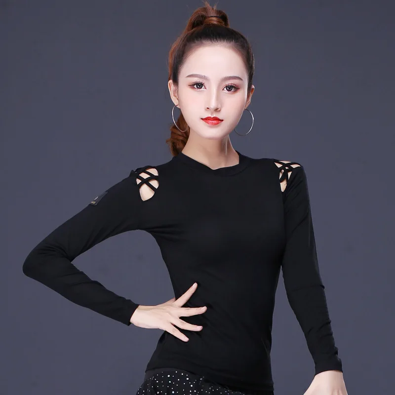 

2021 Latin Dance Clothes Female Adult Sexy Top Profession Performance Clothing New Ballroom Samba Cha Cha Dancing Shirt Black