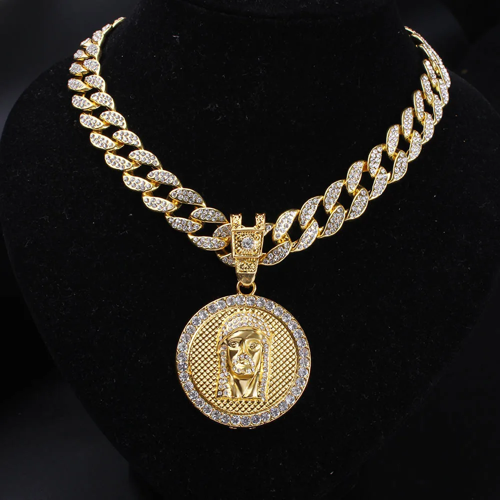 Miami Chain Pendant Мужской кулон в стиле хип-хоп с кулоном и круглой головкой в виде головы Иисуса, золотое ожерелье, религиозный ювелирный набор - Окраска металла: Miami Chain Pendant