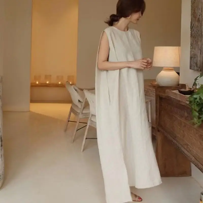 

Korean Summer Sleeveless Loose Dress Women Elegant Ankle Length Dresses Female Minimalist Clothes Casual Vest Dresses
