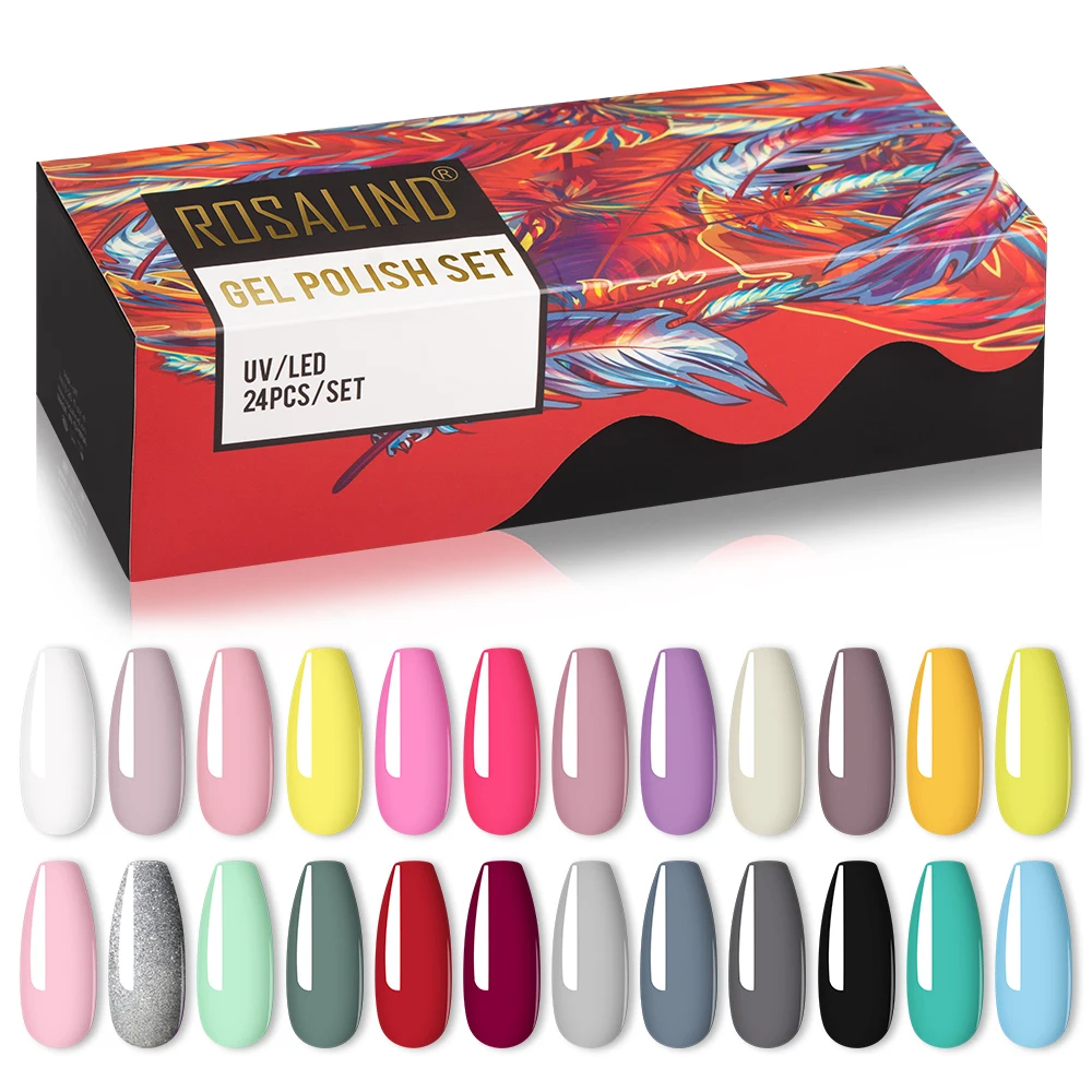 

ROSALIND 24PCS Gel Nail Polish Set For Manicure UV Soak Off Colorful Gel Varnishes Professional Nail Art Kits Base And Top