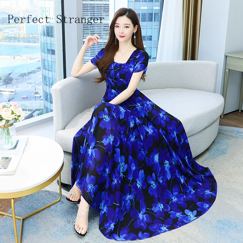 

2022 Summer New Arrival Elegant Korean V Collar Short Sleeve Women Chiffon Long Dress High Quality M-4XL