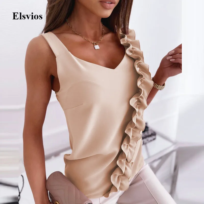 

Elegant Women Straps Ruffle Blouse 2021 Summer Sexy Sleeveless Backless Tops Pullover Fashion Lady V-Neck Shirt Blusa Streetwear