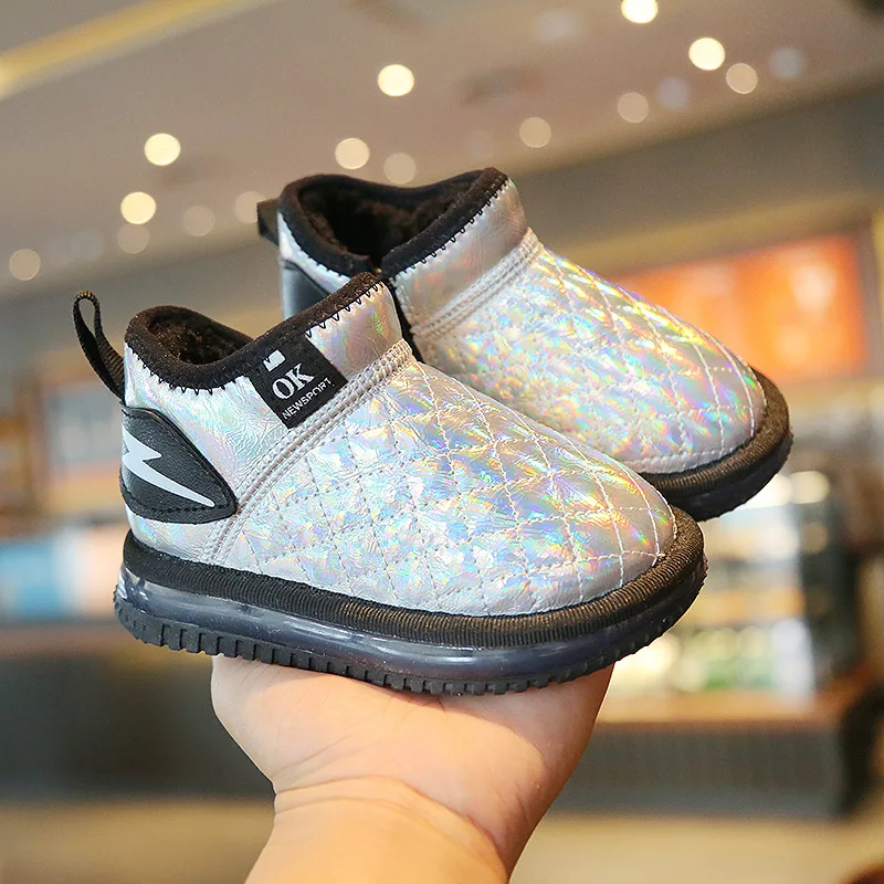 

Детские черные кожаные ботинки для снежной погоды, плюшевые теплые модные ботильоны с блестками для девочек, детские ботинки для маленьких ...