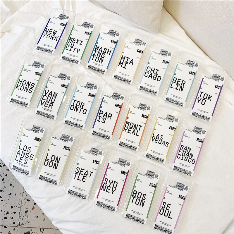 

America Air ticket USA city London Paris Tokyo Label Clear case For iPhone 7 8plus 12 11 Pro XR X Max Houston Chicago QR cover