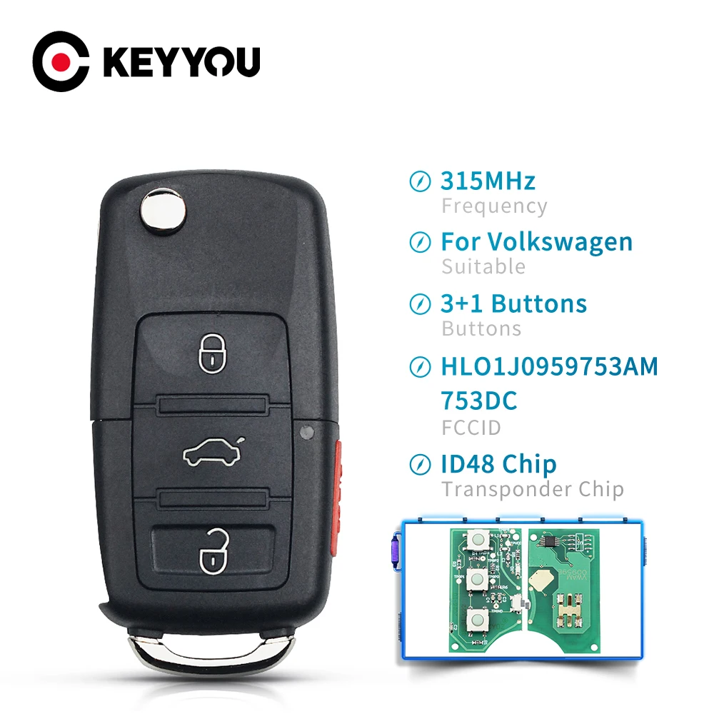 KEYYOU HLO1J0959753AM 753DC 3+1 4 Buttons Flip Car Remote Key For VW Volkswagen Passat Jetta 2002-2005 Fob ID48 Chip 315Mhz