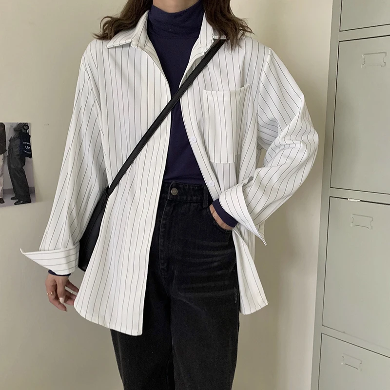 

2021 New Spring Autumn OL Formal Elegant Minimalist Lapel Striped Shirt Women Blouses Work Long Sleeve Loose Tops Female