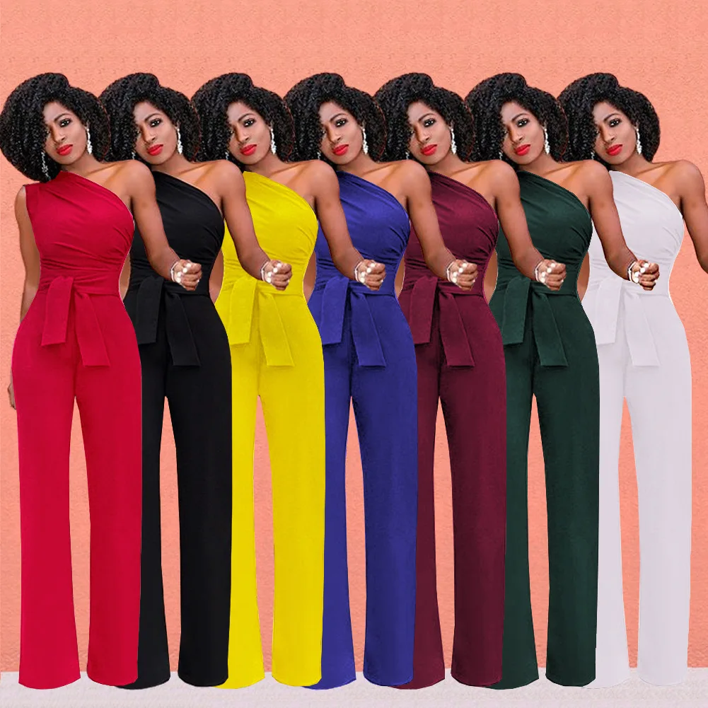 Женский однотонный комбинезон на одно плечо без рукавов с поясом талии| |