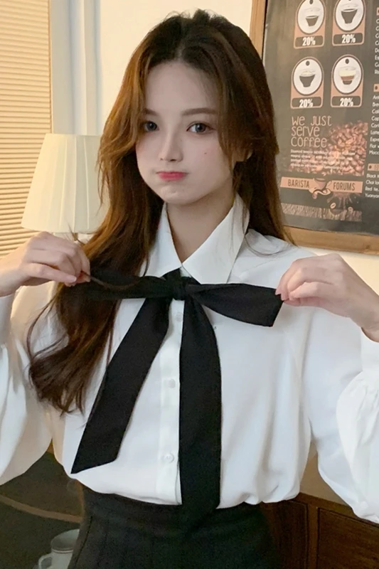 

SuperAen New Design Solid Bow Chiffon Shirts 2021 Spring All Match Full Womens Tops