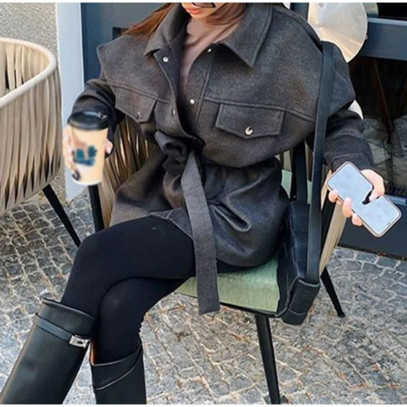 

Women Loose Lapel Woolen Jacket Coat with Belt 2021 Fashion Vintage Long Sleeve Side Pockets Female Outerwear Chic Overcoat Warm