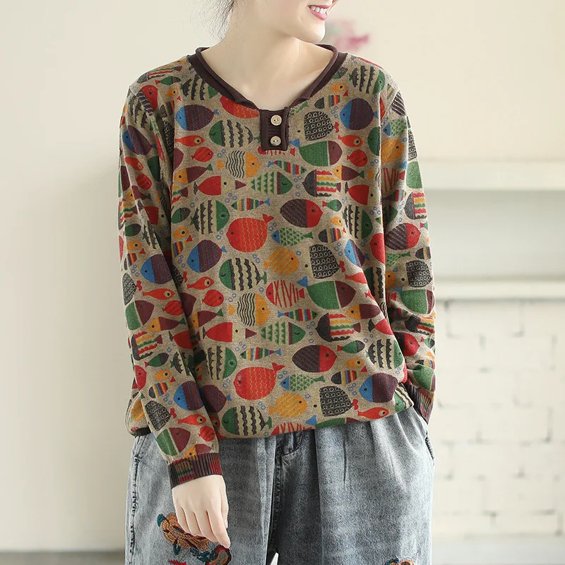 Весна-Осень 2020 свитер в стиле ретро Женский вязаный Свободный пуловер с принтом