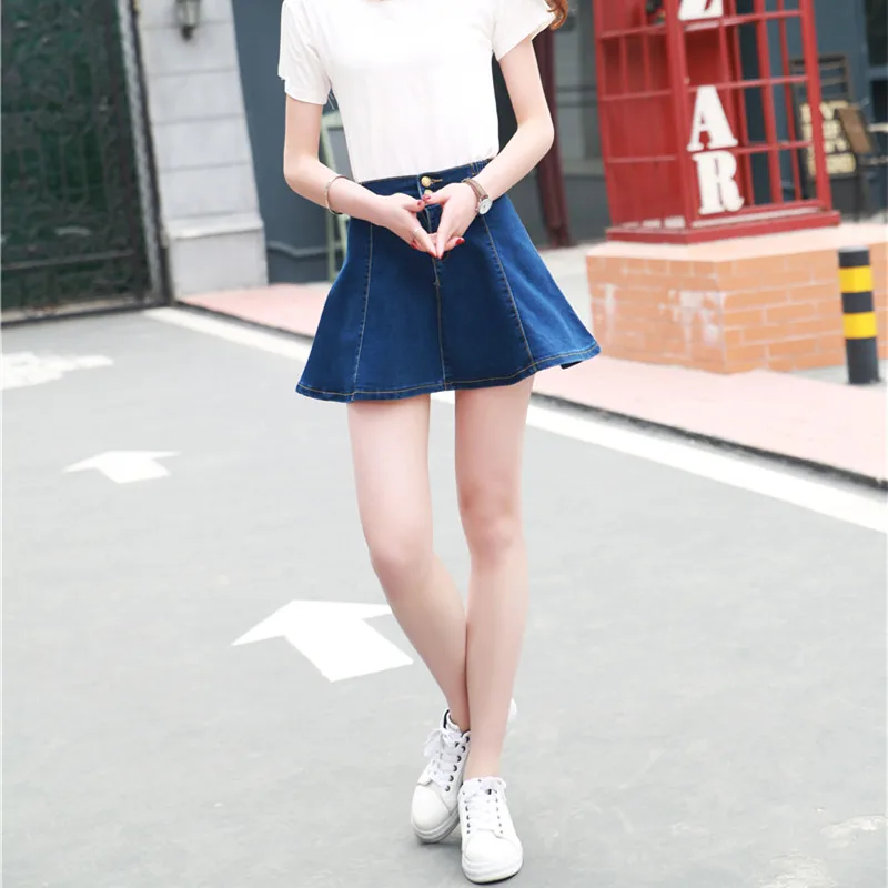 Для женщин Высокая Талия платье трапециевидной формы Джинсовые юбки