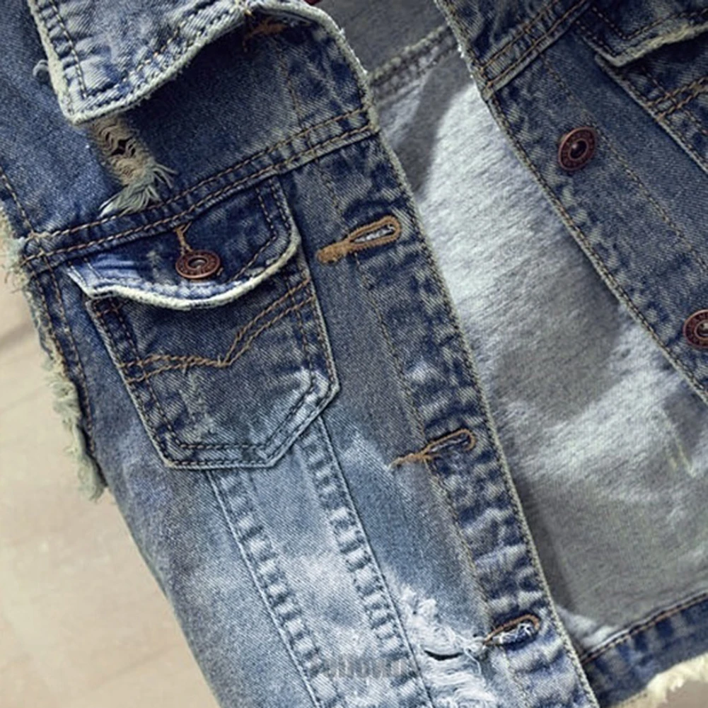 

2021 Fashion Casual Lapel Jeans Vest Cotton Short Solid Femme S-L Denim Sexy Pockets Sleeveless Waistcoat Autumn Spring Women Co