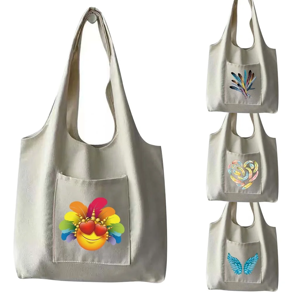 

Shopping Bag 2021 Womens Canvas Shoulder Bag Female Hand Bags Polyester Storage Reusable Feather Print Foldable Tote Bag