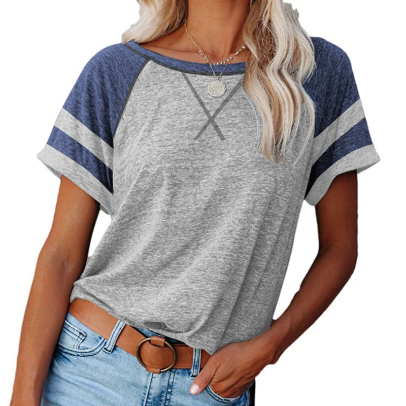 

2021 Summer T-shirt Women Casual O-Neck Loose Patchwork Tees Female Short Sleeve Tops Contrast Color T Shirts Oversize Tops