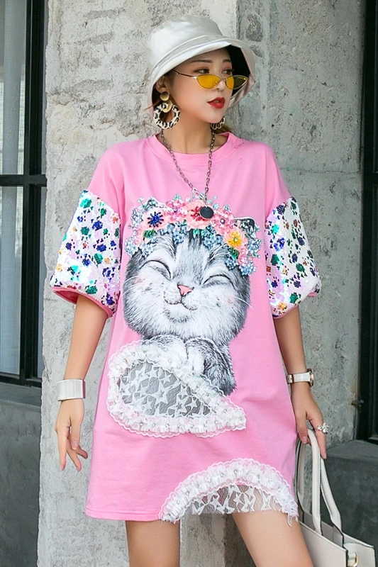 

European station Thailand tide brand sequined cartoon print age-reducing T-shirt women's mid-length loose dress