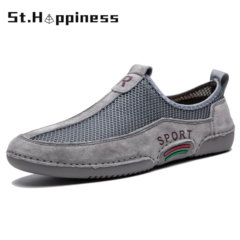 

2021 New Summer Men Leather Mesh Stitching Casual Shoes Fashion Breathable Driving Shoes Lightweight Loafers Moccasins Big Size