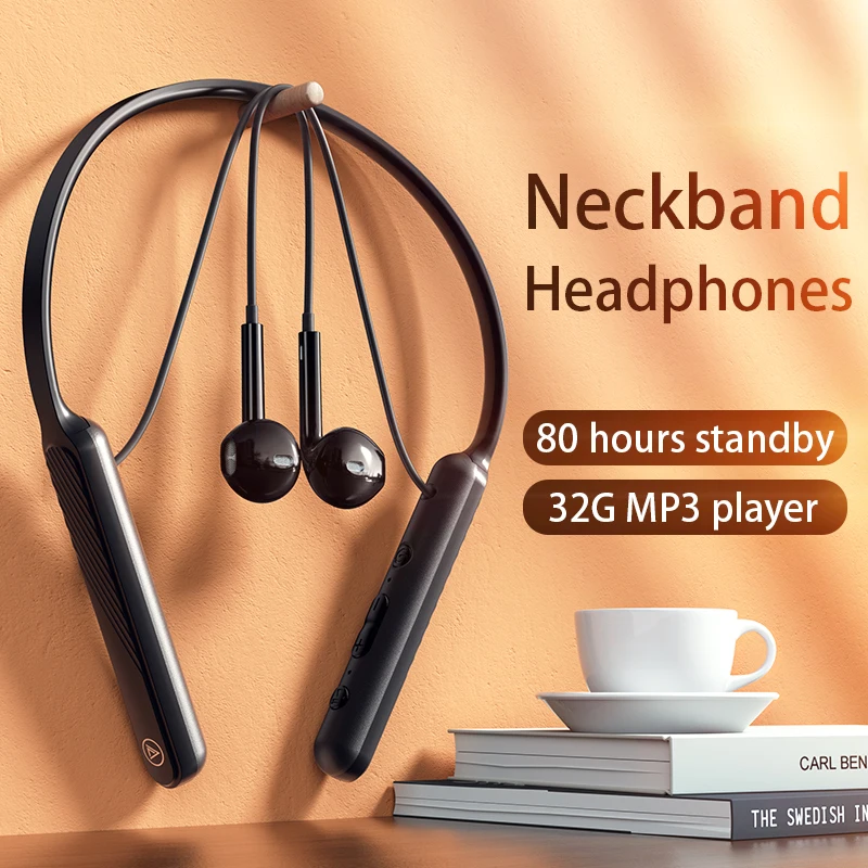 Наушники с шейным ободом Беспроводная Bluetooth гарнитура 32 ГБ mp3 плеер 80 часов работы