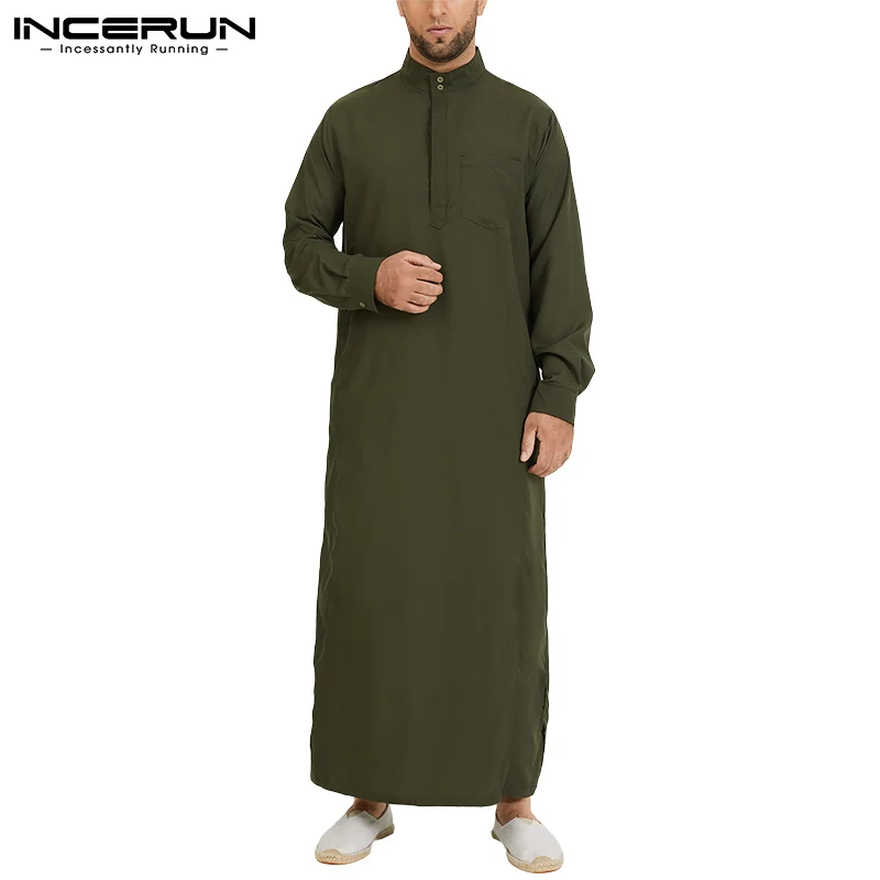 INCERUN Men Muslim Islamic Kaftan Arab Vintage Long Sleeve Men Thobe Robe Loose Dubai Saudi Arab Kaftan Men Clothing 2022 S-5XL