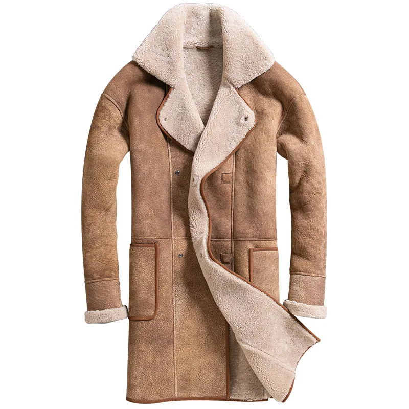 

Mens Natural Sheepskin Casual Double-Faced Fur Long Genuine Leather Trench Coat Slim Turn-Down Collar Real Fur Warm Jackets
