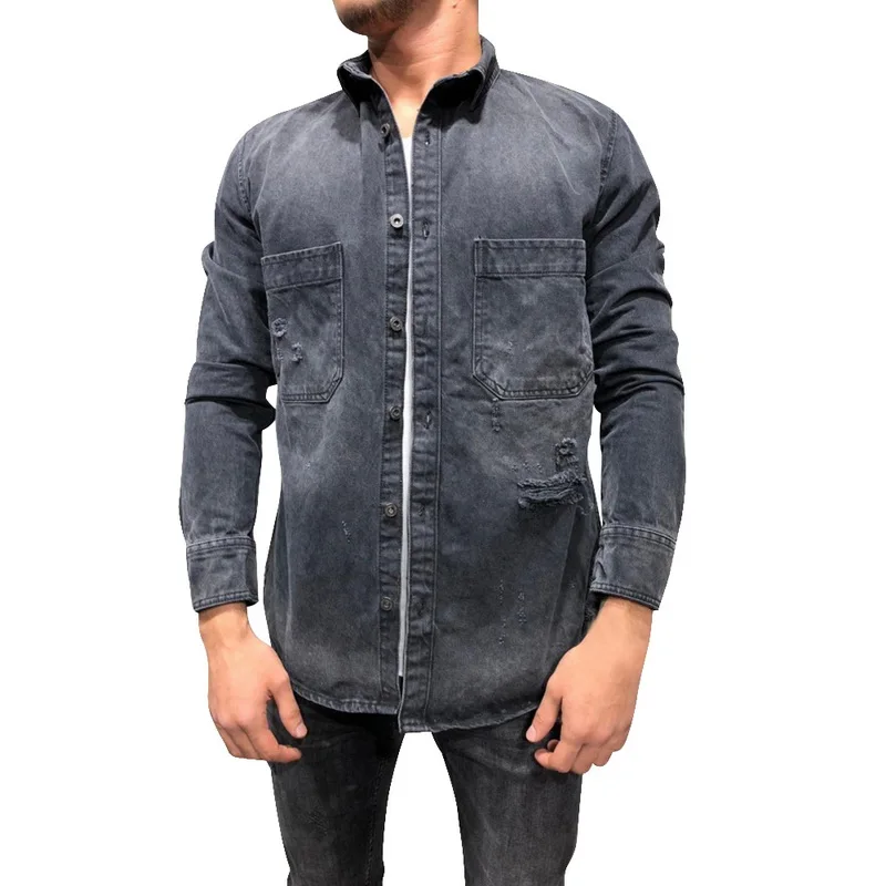 2019 Новые мужские модные ковбойские куртки однотонные рубашки с длинным рукавом