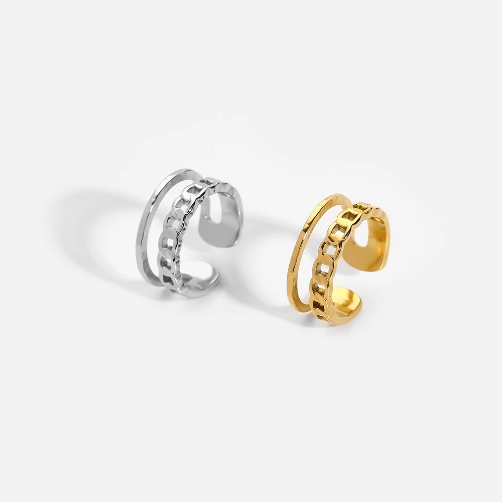 

Minimalist Waterproof Stainless Steel Gold Plated Trendy Chain Open Rings for Women Girls Explanation Metal Texture Jewelry Gift