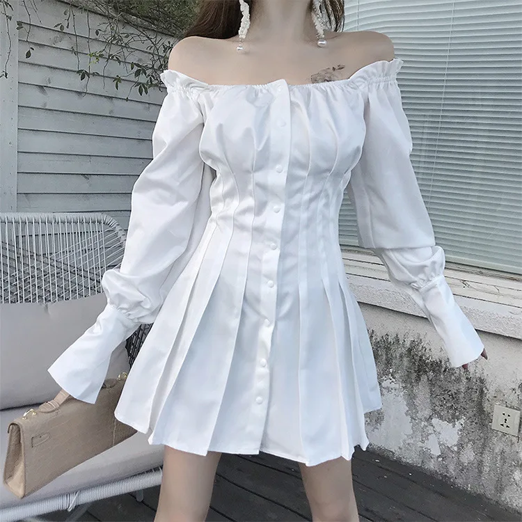 

Fannic 2020 Autumn one-line collar high waist single breasted women's strapless A-Line Dress