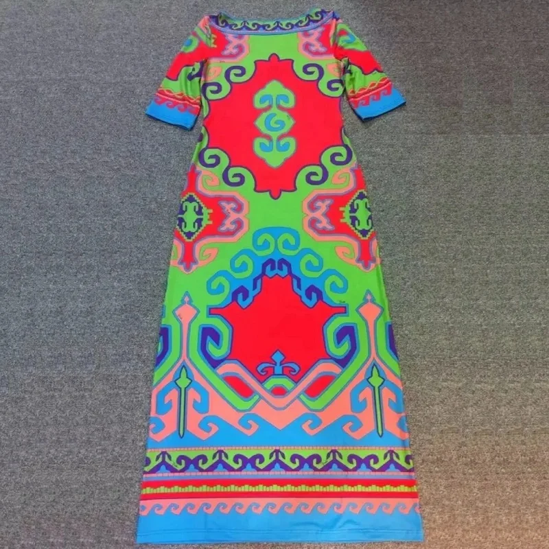 

New 2020 Spring Summer Long Plus Size XXL Women O-Neck Exquisite Print Half Sleeve Floor Length Dress Silk Jersey Vestido