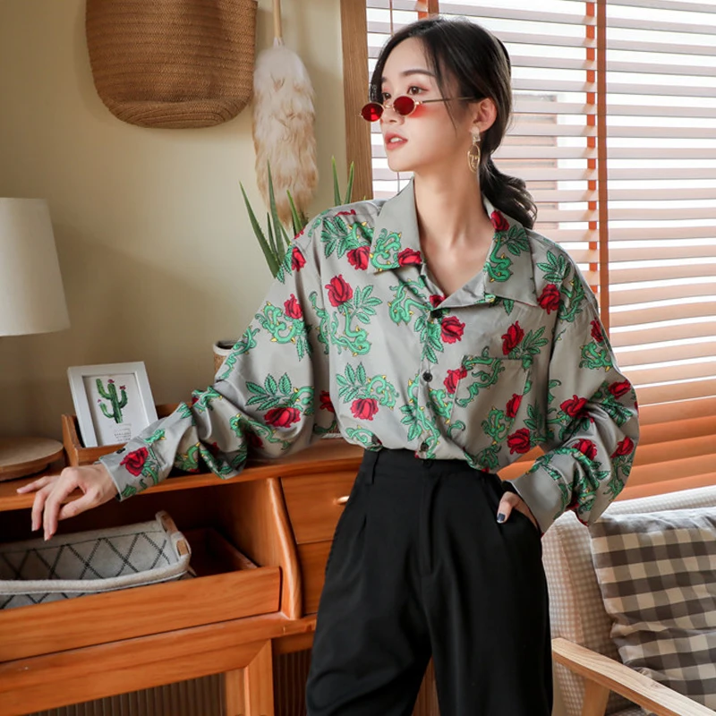 Женская шифоновая блуза с длинными рукавами в стиле Харадзюку принтом Гавайских