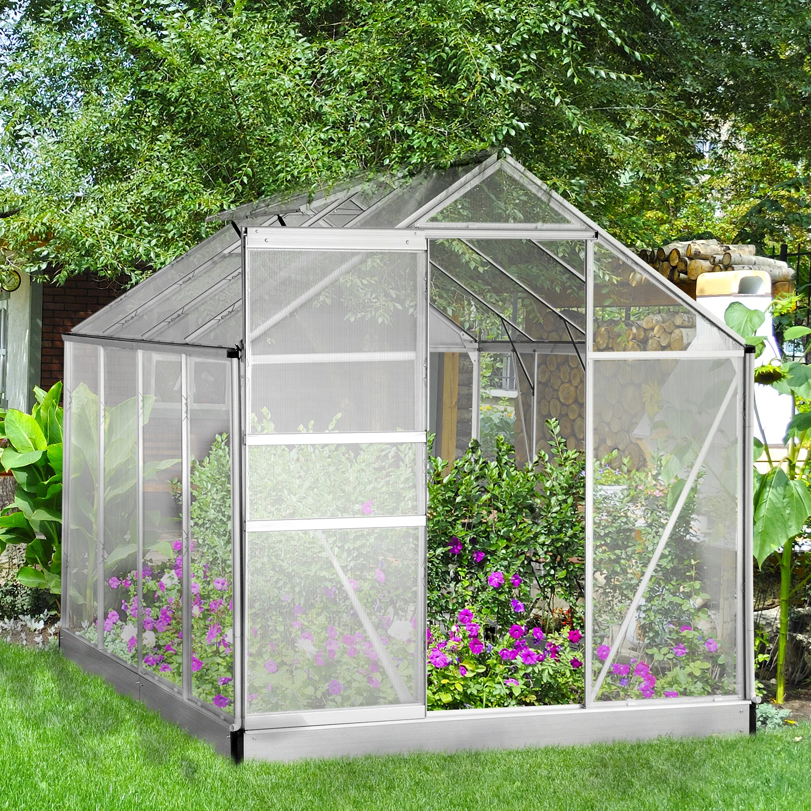 

Sunmthink Polycarbonate Walk-in Garden Greenhouse with Adjustable Roof Vent and Rain Gutter for Plants, 6 x 8 FT