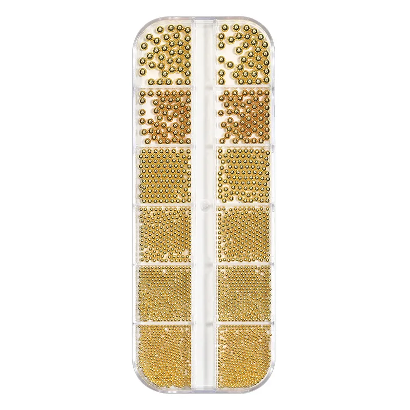 

1 Piece of 12 Grid Long Strip Box of Gold Silver Rose Gold Metal Stainless Steel Ball Microbeads Mixed Size Nail Decoration Tool