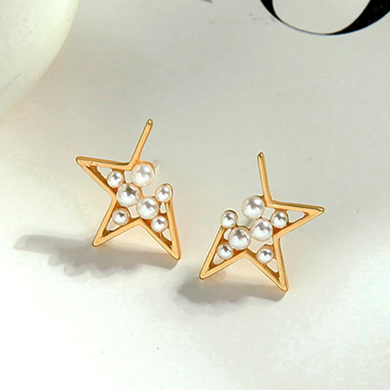 

Korean Fashion Pearl Pentagram Earrings for Women Charming Temperament High Quality Jewelry S925 Needle Party Ins Hot Gift