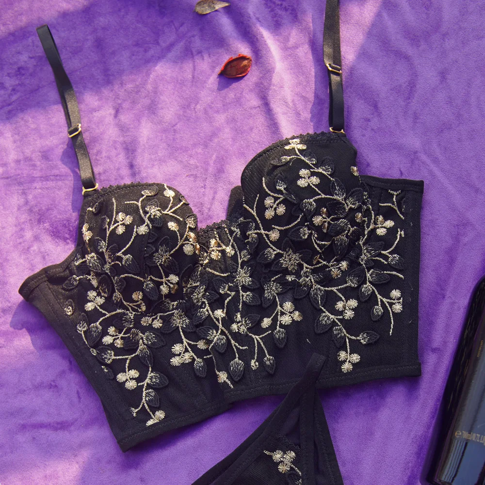 Wriufred Outside underwear bra set embroidered lace lingerie set with panties steel rubber bone ladies sexy cute bralette pants